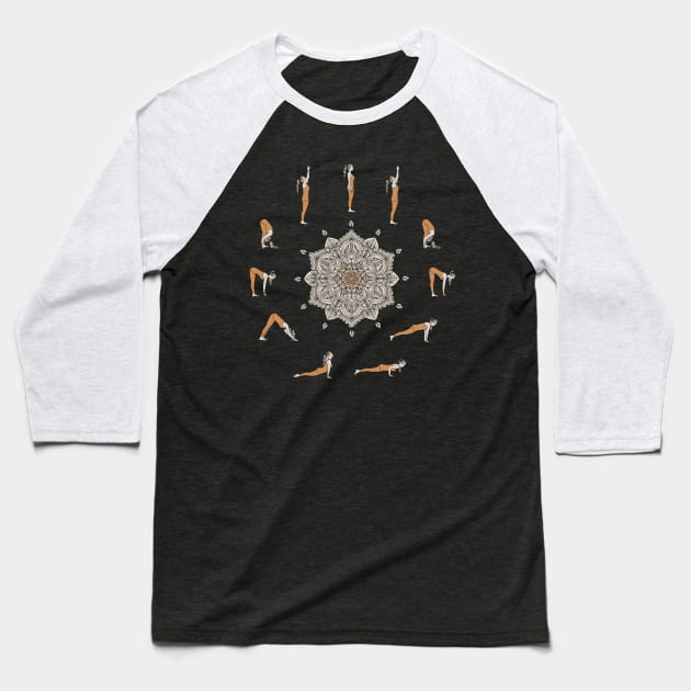 Sun Salutation Yoga Mandala Art Baseball T-Shirt by Sierraillustration